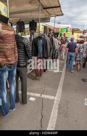 Lucca city street market stretches from the Porta Santa Maria along the Via Borga Giannotti with everything from food to pets. Stock Photo