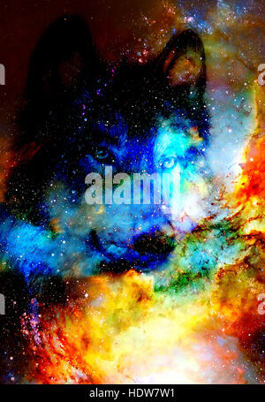 magical space wolf, multicolor computer graphic collage. Space fire. Stock Photo
