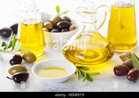 Olive oil in vintage bottles Stock Photo