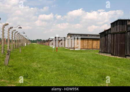 The rows of surviving wooden huts where thousands of victims of the Holocaust were imprisoned at  Auschwitz 11-Birkenau in Oswiecim, Poland, Stock Photo