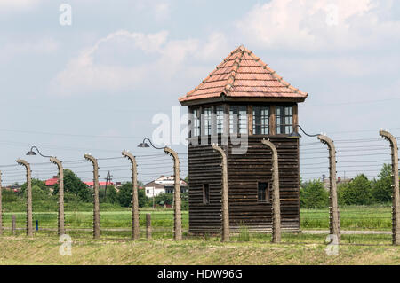 One of the SS guard towers  surrounding the whole area of  Auschwitz 11-Birkenau at intervals in Oswiecim, Poland, Stock Photo