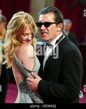 Antonio Banderas and Melanie Griffith arrives at the 77th Annual Academy Awards  in Los Angeles on Feb. 21, 2005. Photo credit: Francis Specker Stock Photo