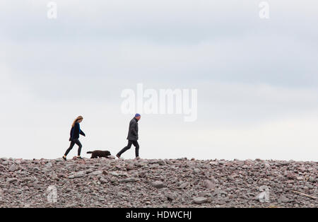 A couple walking their dog on a pebble beach, Britain, UK Stock Photo