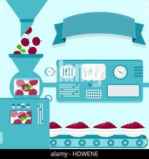 Vector illustration of factory producing beet cream. Sugar beet cream production from fresh beets. Empty ribbon for insert text. Stock Vector