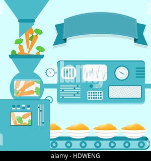 Vector illustration of factory producing carrot cream. Carrot cream production from fresh carrot. Empty ribbon for insert text. Stock Vector