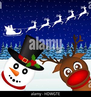 Snowman and Reindeer looking in the woods Stock Vector