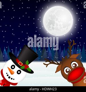 Snowman and Reindeer looking in the woods Stock Vector