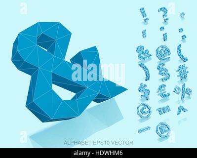 Set of Blue 3D polygonal Symbols with reflection. Low poly alphabet collection. EPS 10 vector illustration. Stock Vector