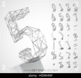 Abstract illustration of a Pencil sketched Numbers And Mathematical Symbols with Reflection. Set of hand drawn 3D Numbers And Mathematical Symbols for Stock Vector