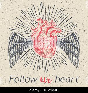 Hand drawn vector sketch illustration - creative vintage tee shirt apparel print poster design, flying human heart with sunburst and wings, grunge paper background. Stock Vector