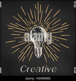 Hand drawn vector sketch illustration - creative vintage tee shirt apparel print poster design, realistic light bulb with sunburst, black chalkboard background. Stock Vector