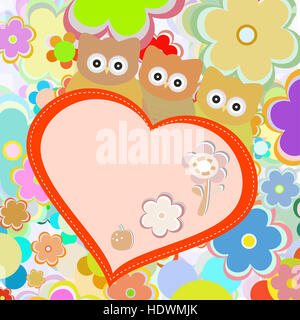 owls in flowers with big heart. greetings card Stock Photo