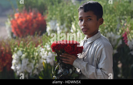 Lahore, Punjab, Pakistan. 14th Dec, 2016. Pakistani Flower wholesalers displays fresh roses and garlands to attract the customers at flowers market(Phool Mandi) in Lahore on december 14, 2016. Asias's Biggest Wholesale Flower Market popularly called as 'phool mandi in lahore While they buy the flowers at dirt cheap rates, but sell them at a much higher prices” Rose and Rose Petals is used to flavour food, to make perfumes, as a component in some cosmetic and medical preparations, and for religious purposes throughout Europe and Asia. © Rana Sajid Hussain/Pacific Press Agency/Alamy Live News Stock Photo