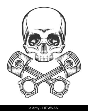Human skull and crossed engine pistons. Isolated on white vector illustration. Stock Vector