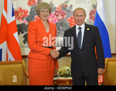 THERESA MAY, British Prime Minister meets Vladimir Putin,President of the Russian Fderationj, at the G20 Summit in Hangzhou, China, 4 September 2016.   Photo: www.kremlin.ru Stock Photo