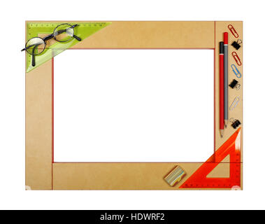 Yellow art school frame with stationery - ruler, square, protractor, eraser, pencil, glasses, paper clips, binder clip on a white background. Isolated Stock Photo
