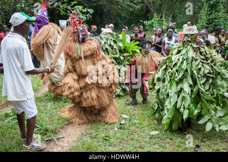 Mende people dance with gbeni mask in Gola Rain Forest Stock Photo