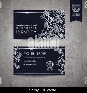 elegant business card design template with exquisite silver floral elements Stock Vector