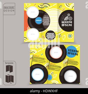 colorful tri-fold template for music concept brochure with vinyl element Stock Vector
