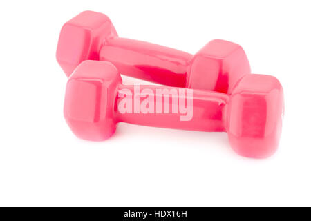 Two plastic coated dumbells isolated on white background. Stock Photo