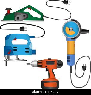 Coloured vector set of power tools with wires Stock Vector