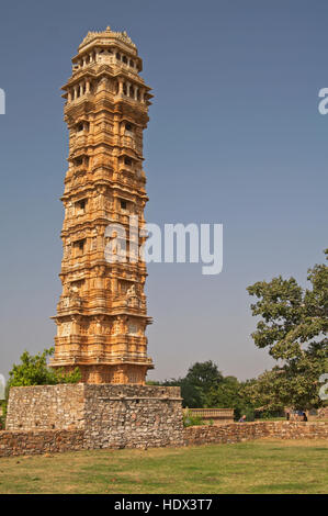 Ornate carved stone tower, Vijay Stambha, built to celebrate an ancient victory. Chittaugarh Fort, Rajasthan, India. Stock Photo