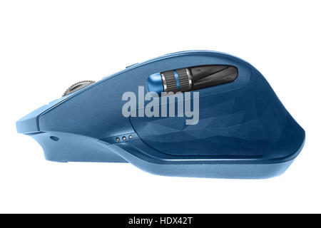 Wireless computer mouse. Blue color. Isolated on white background, side view Stock Photo