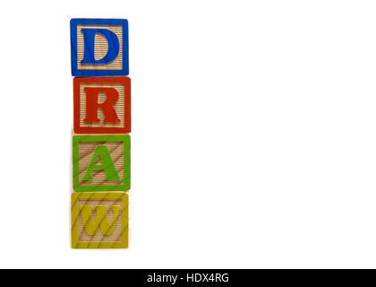 The word draw made out of colorful wooden cubes with letters isolated on white background Stock Photo