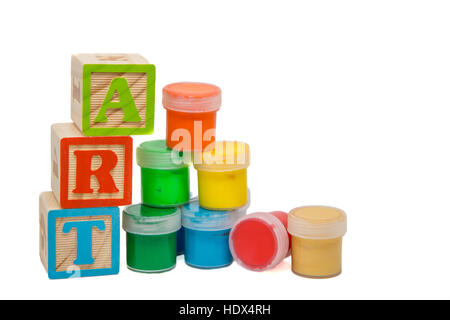 The word Art built of wooden cubes with paint boxes around, isolated on white Stock Photo