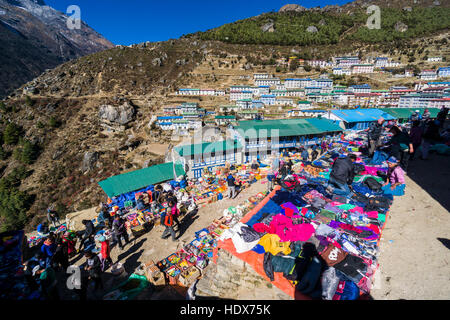 Goods are sold at the weekly local market in Namche Bazaar Stock Photo