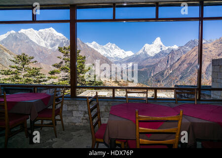 The view from Everest View Hotel, located high above Namche Bazar on 3900m altitude, towards Mt. Everest Stock Photo