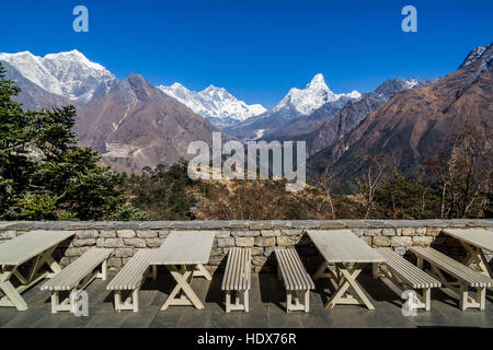The view from Everest View Hotel, located high above Namche Bazar on 3900m altitude, towards Mt. Everest Stock Photo