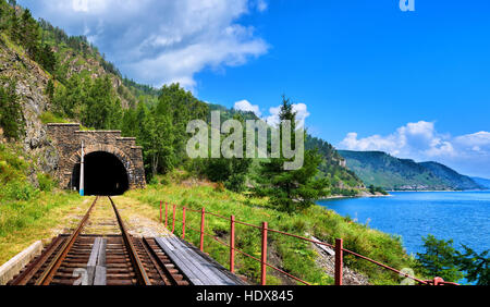 Tunnel railway near Lake Baikal and bridge in foreground. Irkutsk region. Russia Stock Photo