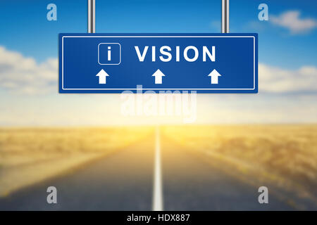 vision words on blue road sign with blurred background Stock Photo