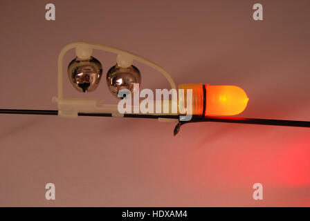 Fishing green rattle and red LED power indicator (attached to the tip of the feeder) isolated on gray backgtound. Clipping path Stock Photo