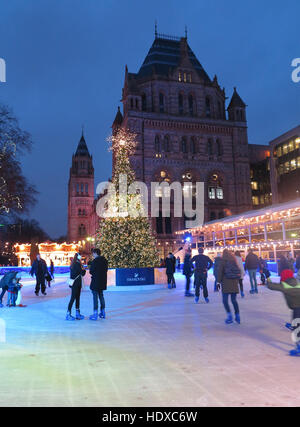 Skaters on ice rink in front of the Natural History Museum at Christmas time. Stock Photo