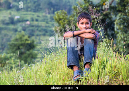 Nepali boy near Pokhara, Nepal Stock Photo