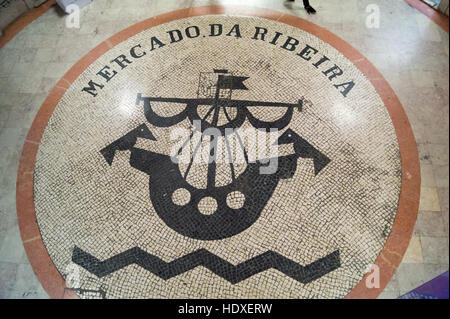 Mosaic of a ship at the entrance to Mercado da Ribeira, containing Time Out food market, Cais do Sodre, Lisbon Portugal Stock Photo