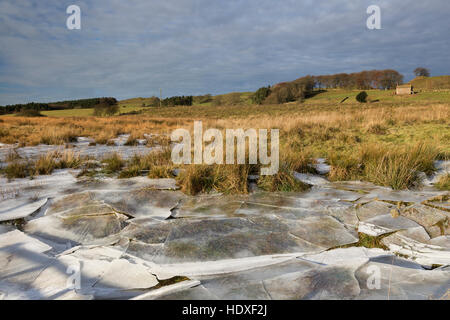 Valley-bottom ice at Peat Steel with a derelict farmhouse or farm cottage at Lowtown, near Walltown Farm, on the hill beyond Stock Photo