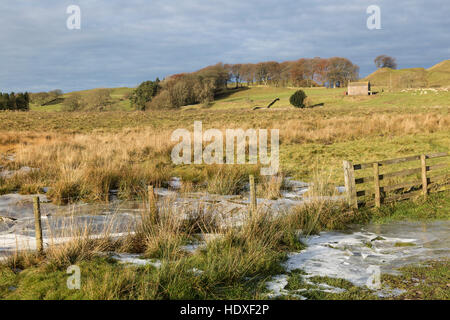 Valley-bottom ice at Peat Steel with a derelict farmhouse or farm cottage at Lowtown, near Walltown Farm, on the hill beyond Stock Photo