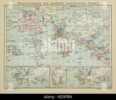 Antique map world colonies of the European states in the 19th Century, from the German Brockhaus Conversation Encyclopedia 14th Stock Photo