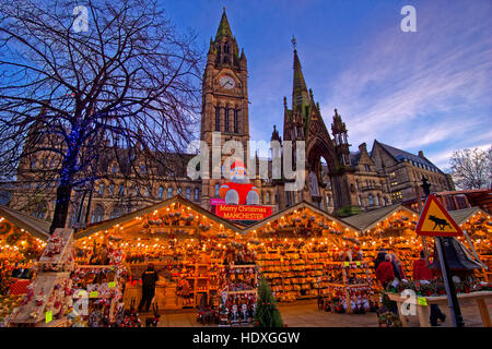 Manchester Christmas Market and Town Hall at Albert Square, Manchester Town Centre, Greater Manchester. England. UK