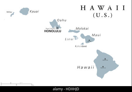 Hawaii political map with capital Honolulu. State of the USA, located in Oceania, composed entirely of Islands. Stock Photo