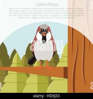 Vector image of the Happy Sparrow on the Tree flat background Stock Vector