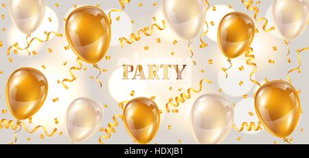 Celebration party banner with golden balloons and serpentine. Greeting, invitation card or flyer Stock Vector