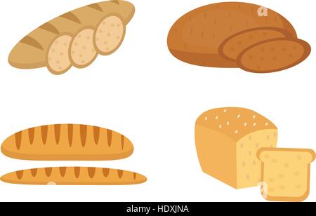 Bread, baguette, loaf set. Bakery products collection. Flat design, isolated on white background. Vector illustration, clip art. Stock Vector