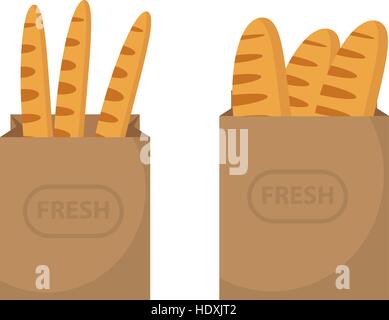 Bread in a paper bag. Loaf, Baguette in the papers package. Vector illustration, clip art. Stock Vector