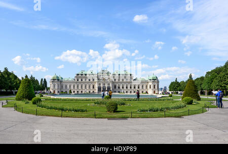 AUSTRIA, VIENNA - MAY 14, 2016: Photo front view on upper belvedere palace and garden with statue Stock Photo