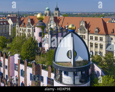 View from the Green Citadel to the Old Post Office and Cathedral of Saint Sebastian, Magdeburg, Saxony-Anhalt, Germany Stock Photo