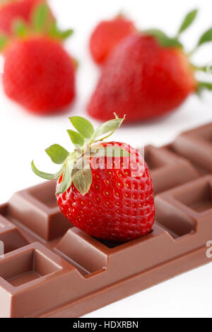 strawberry resting on the bar of chocolate with fruit in the background Stock Photo